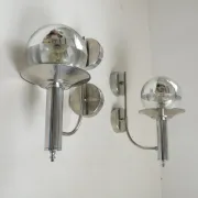 Pair of European mid-century chrome wall sconces with mirrored globe shades
