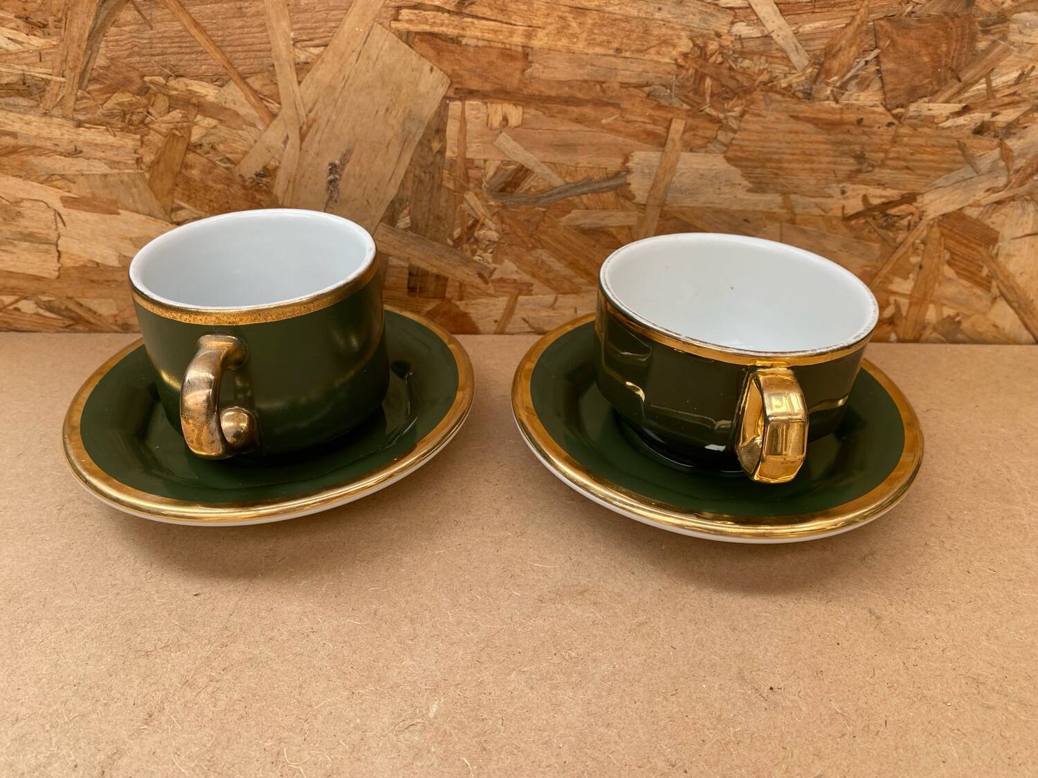 Pair of antique pillivuyt green & gold porcelain vintage cups