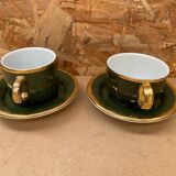 Pair of antique pillivuyt green & gold porcelain vintage cups