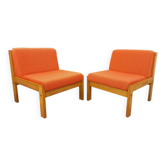 Set of 2 vintage Baumann armchairs in orange fabric and wood from the 80s