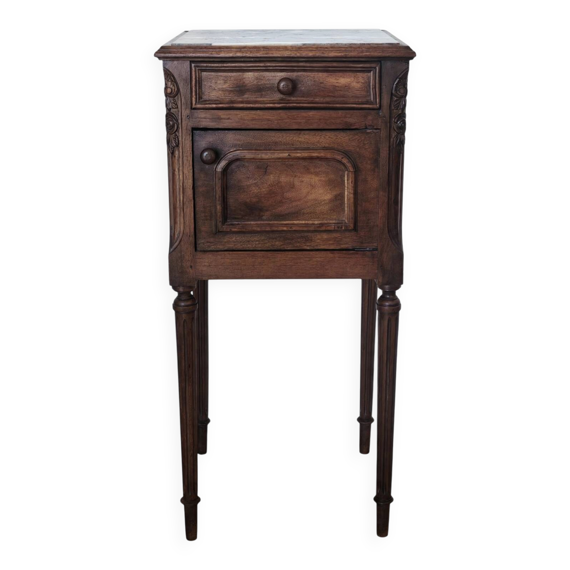 Louis XVI bedside table in walnut and marble - pink sculptures