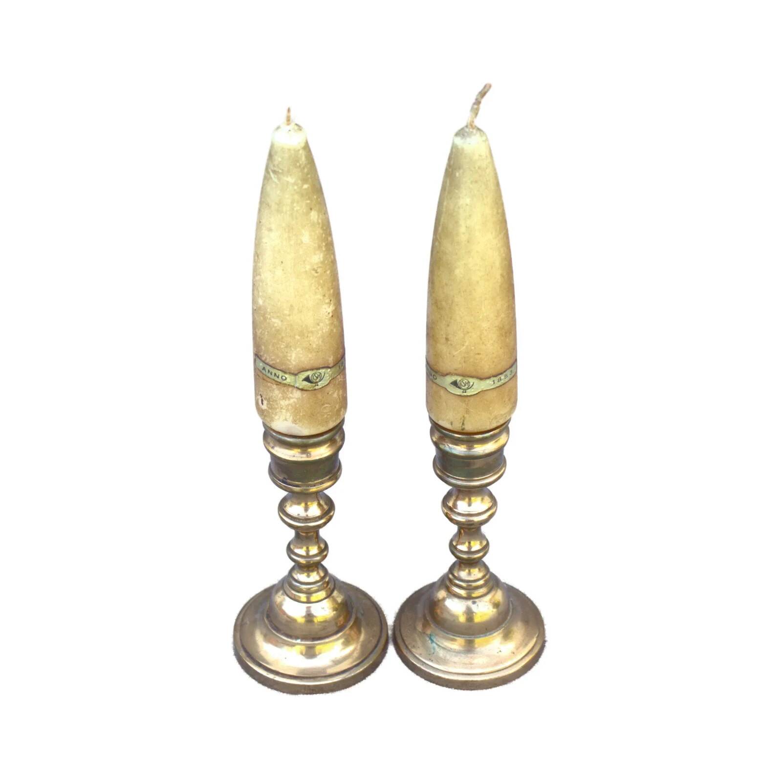 Vintage Set of 2 Brass Candle Holders with Antique Candles, Elegant Home Decor