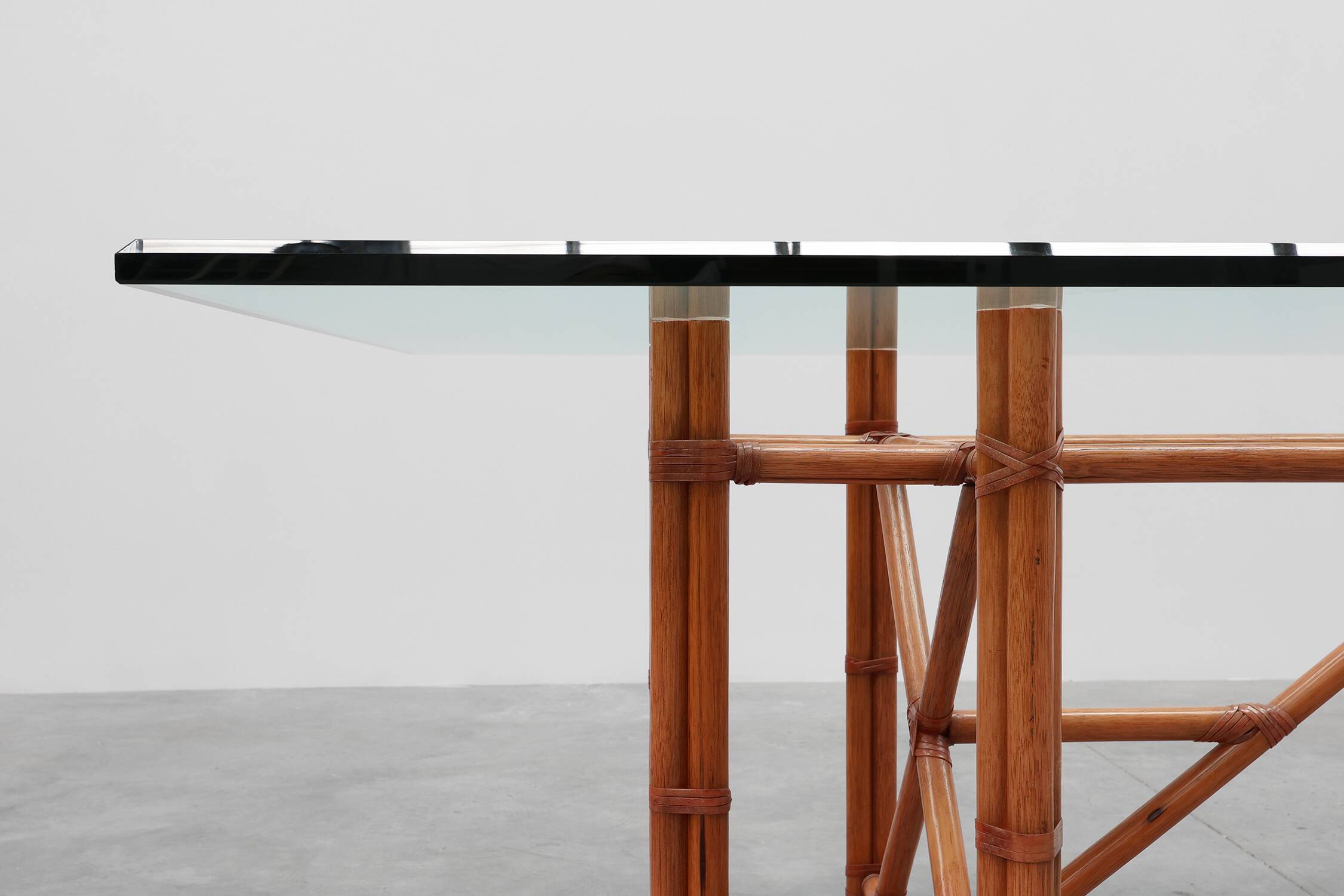 Large monumental bamboo dining table with glass top by Gasparucci, Italy