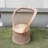 Ancien Fauteuil Corolle en Osier Clair