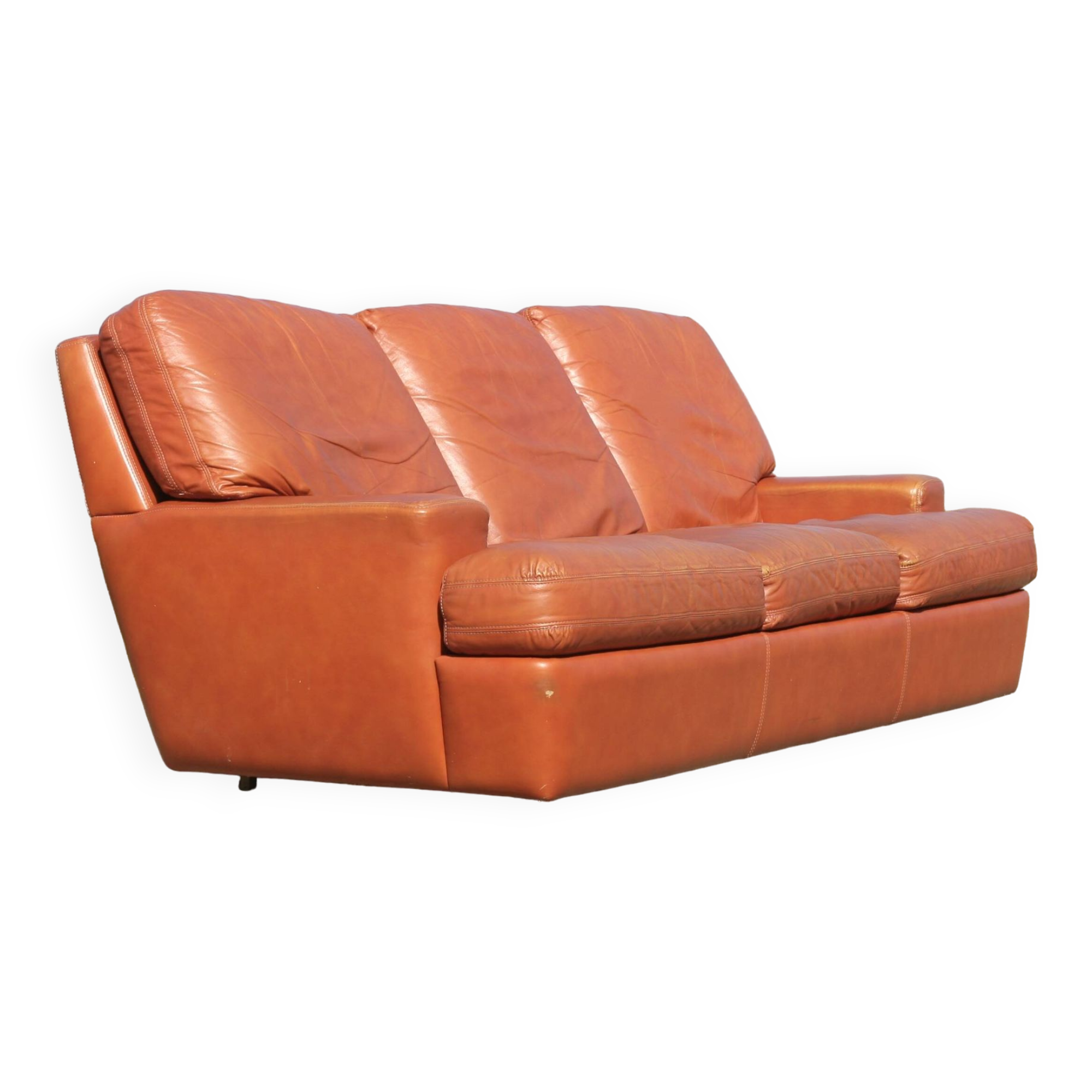 Space age sofa. Tan leather. Circa 1970