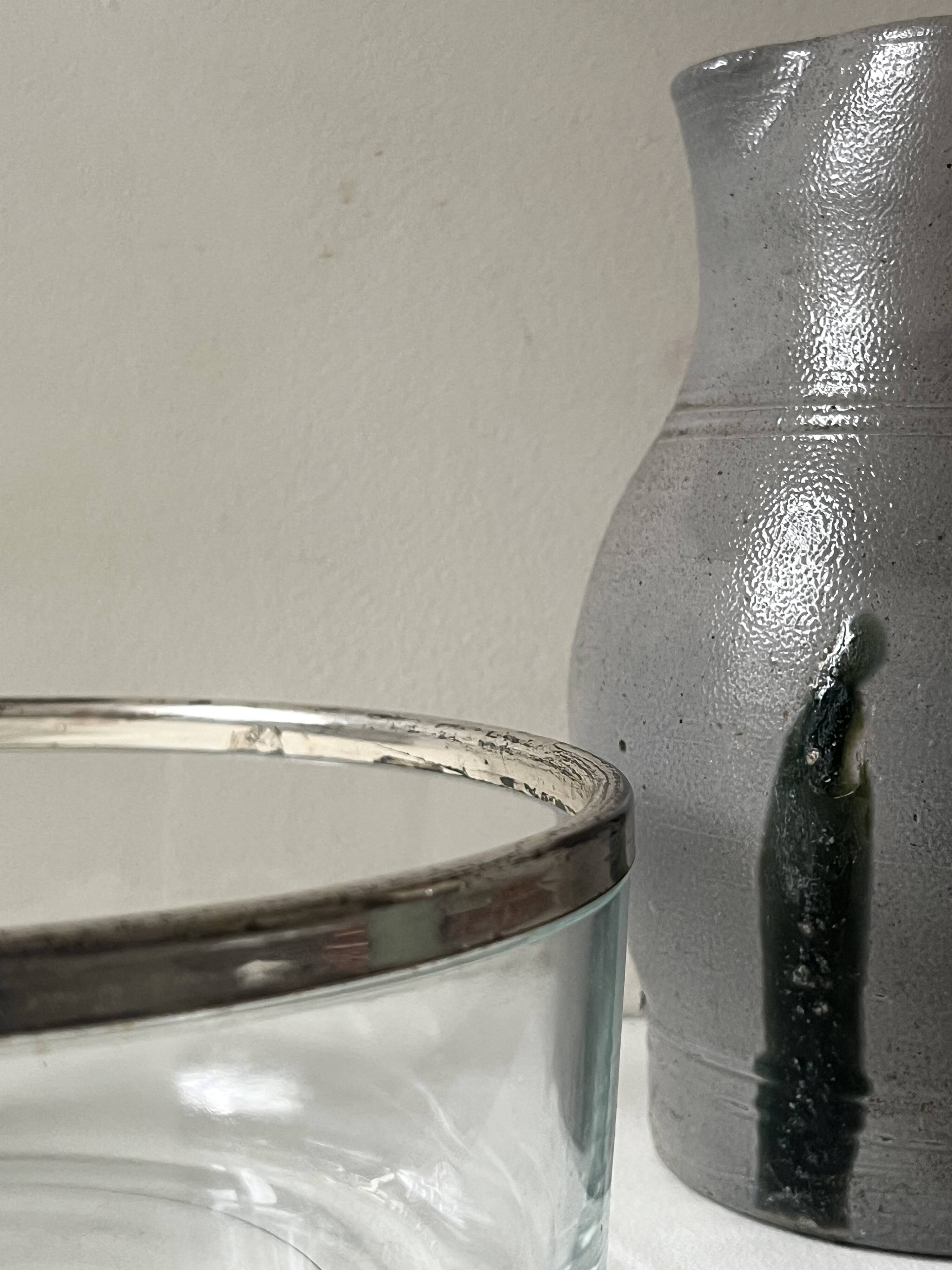 Large glass salad bowl with chrome metal rim, Bormioli Rocco Italy 1970.