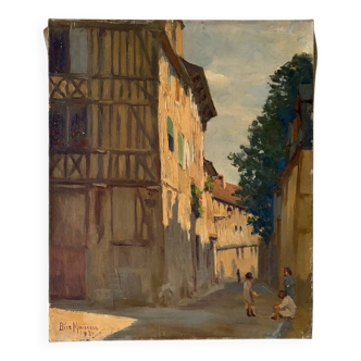 Sunny street scene, oil on canvas signed 1930.
