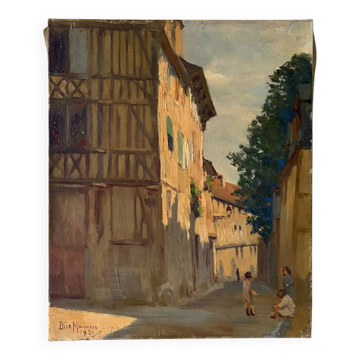 Sunny street scene, oil on canvas signed 1930.