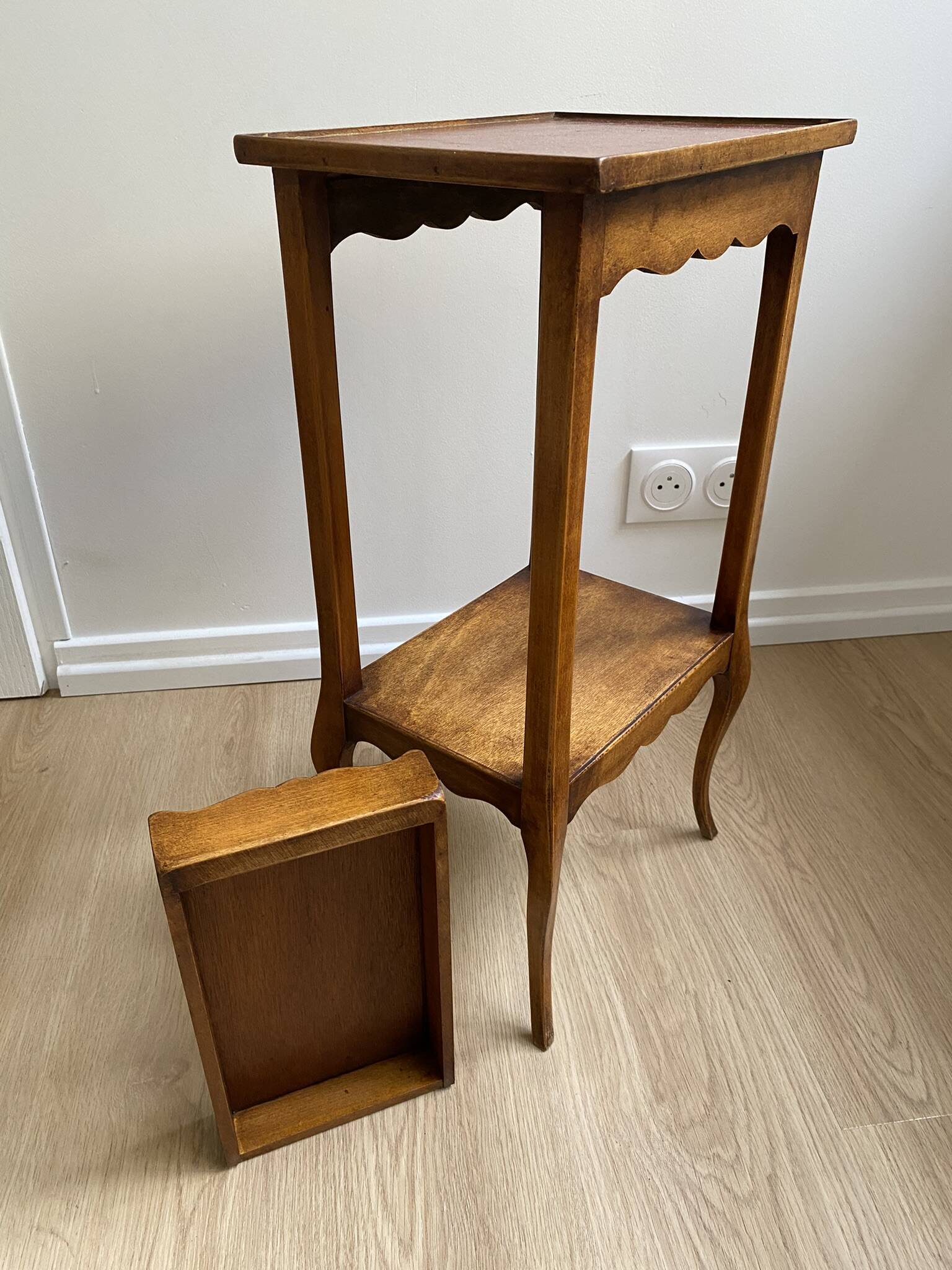 Small bedside table, nightstand, two-top ash plant stand with discreet drawer