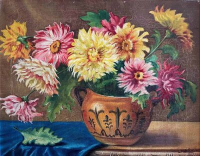 Tableau HST ''Bouquet de Dalhias'' signé L. Réalini daté de 1943