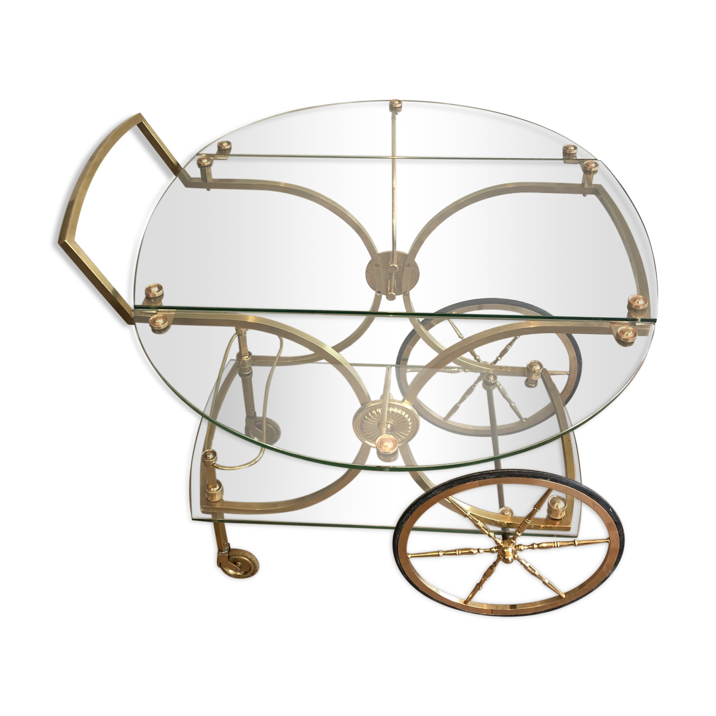 Neo classical style table in silver and gold metal and glass