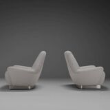Pair of fabric and stainless steel lounge chairs by Gianni Moscatelli