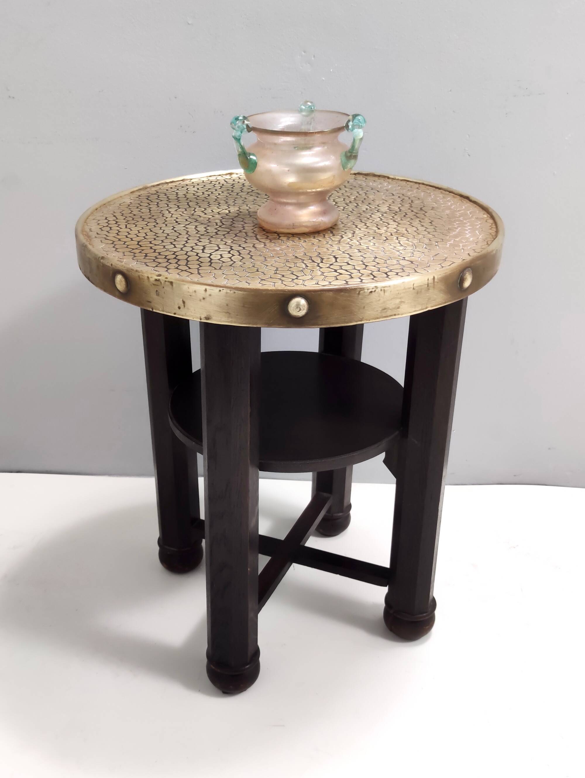 Secessionist Durmast Coffee Table with a Shelf and a Round Brass Top, Austria