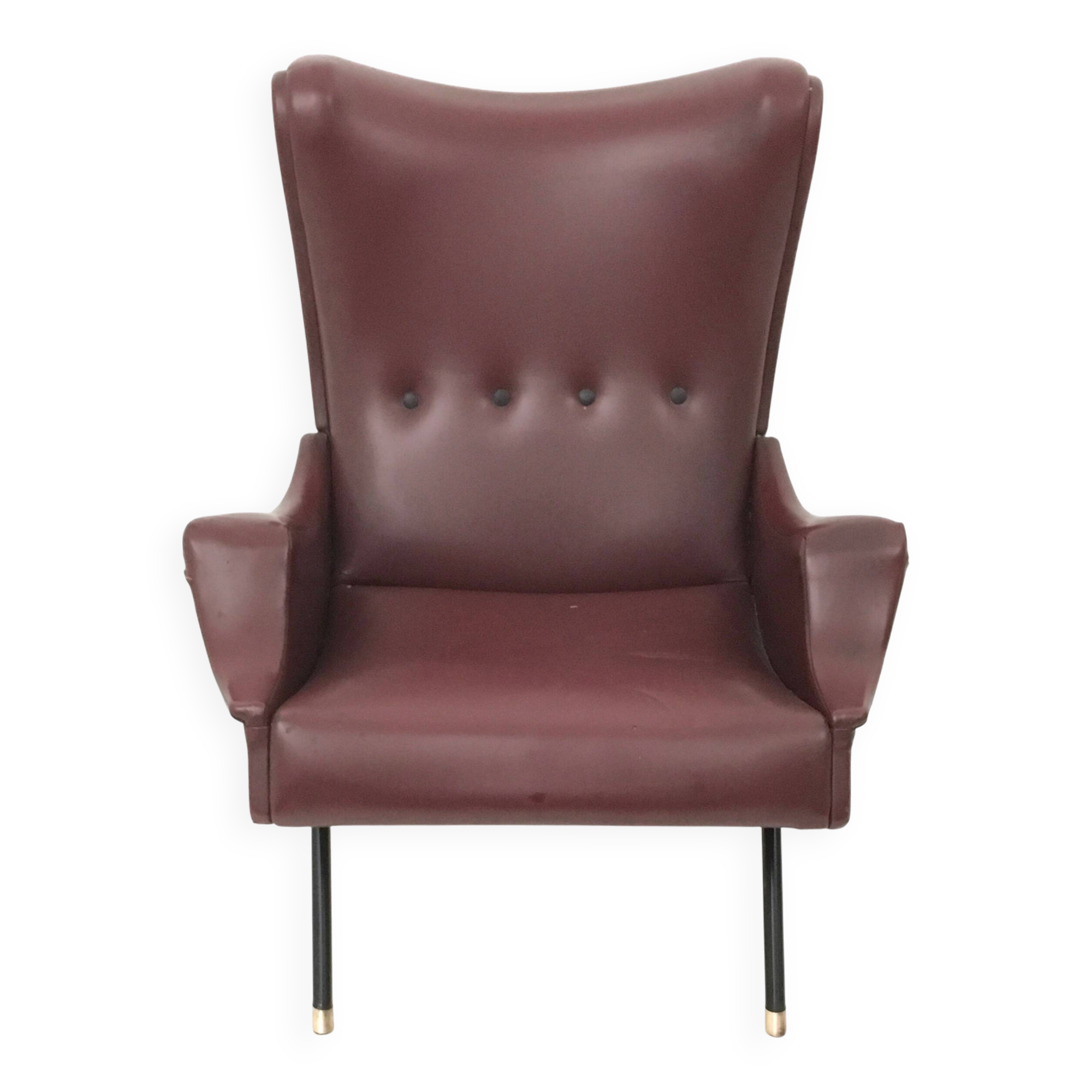 Burgundy Skai, Brass and Metal Lounge Chair, Italy