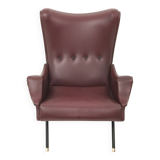 Burgundy Skai, Brass and Metal Lounge Chair, Italy