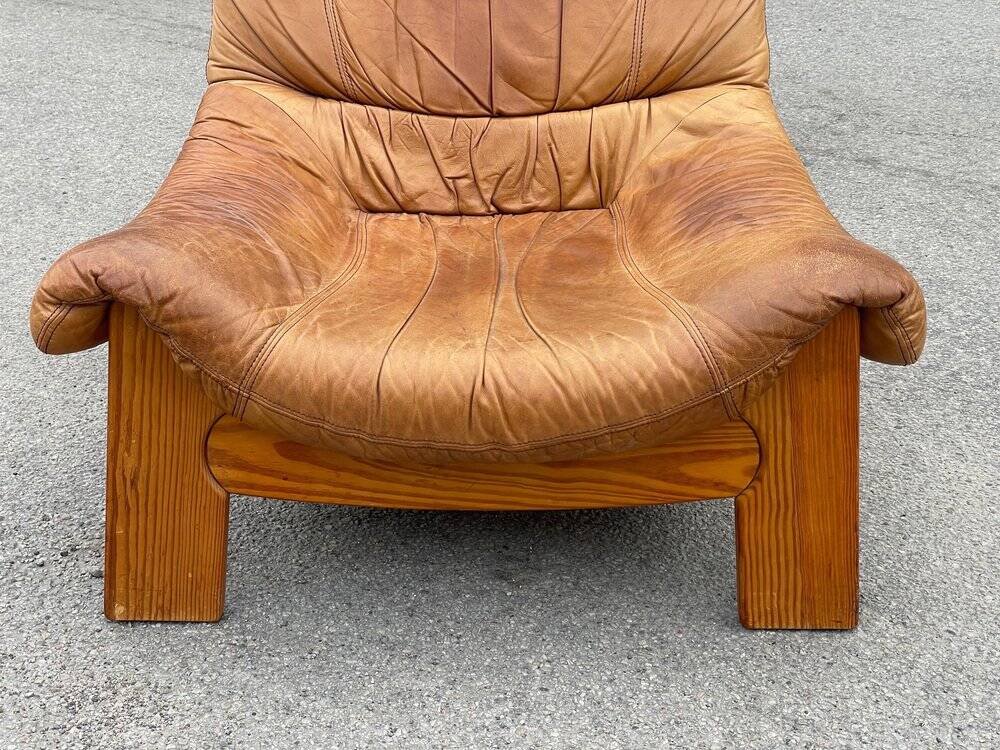 Vintage leather and pine lounge chair by Maison Regain, 1970s