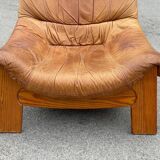 Vintage leather and pine lounge chair by Maison Regain, 1970s