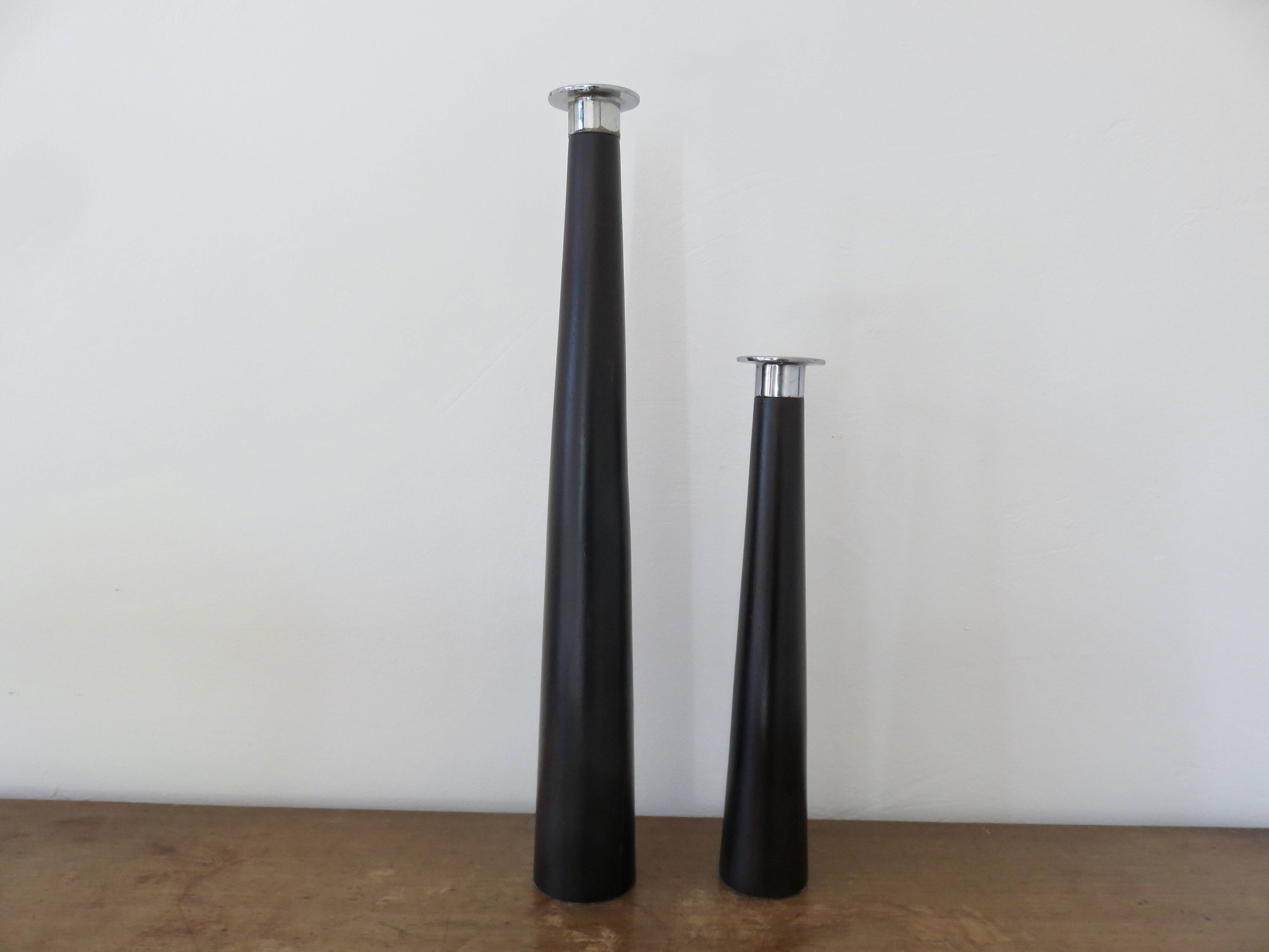 Pair of designer candlesticks, XXL, tapered, teak and chrome metal, 1980s