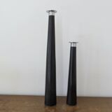 Pair of designer candlesticks, XXL, tapered, teak and chrome metal, 1980s