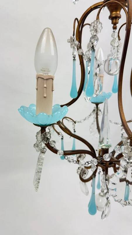 Small Italian chandelier in brass, blue opaline and tassels, 1950s