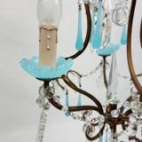 Small Italian chandelier in brass, blue opaline and tassels, 1950s
