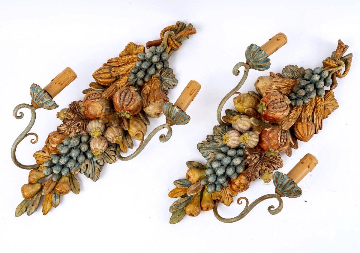 Paire d'appliques bois polychrome - époque : art nouveau - circa 1900