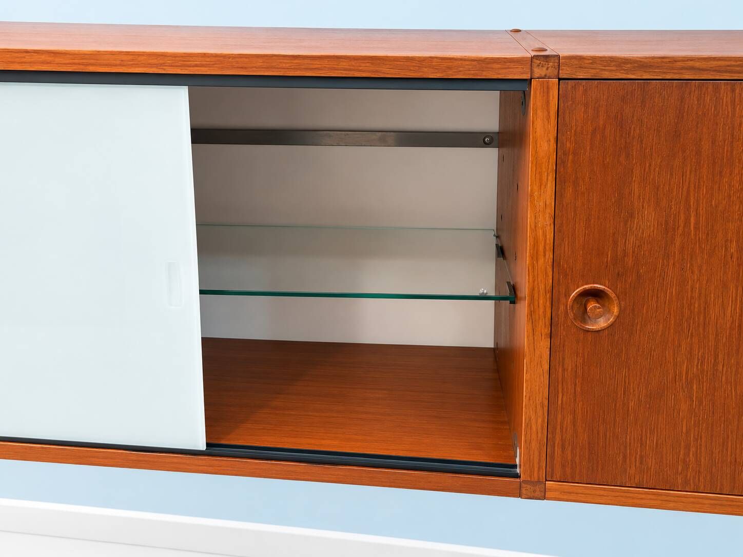 A.R.P. – Wall-mounted furniture in teak and opaline glass, 1950s