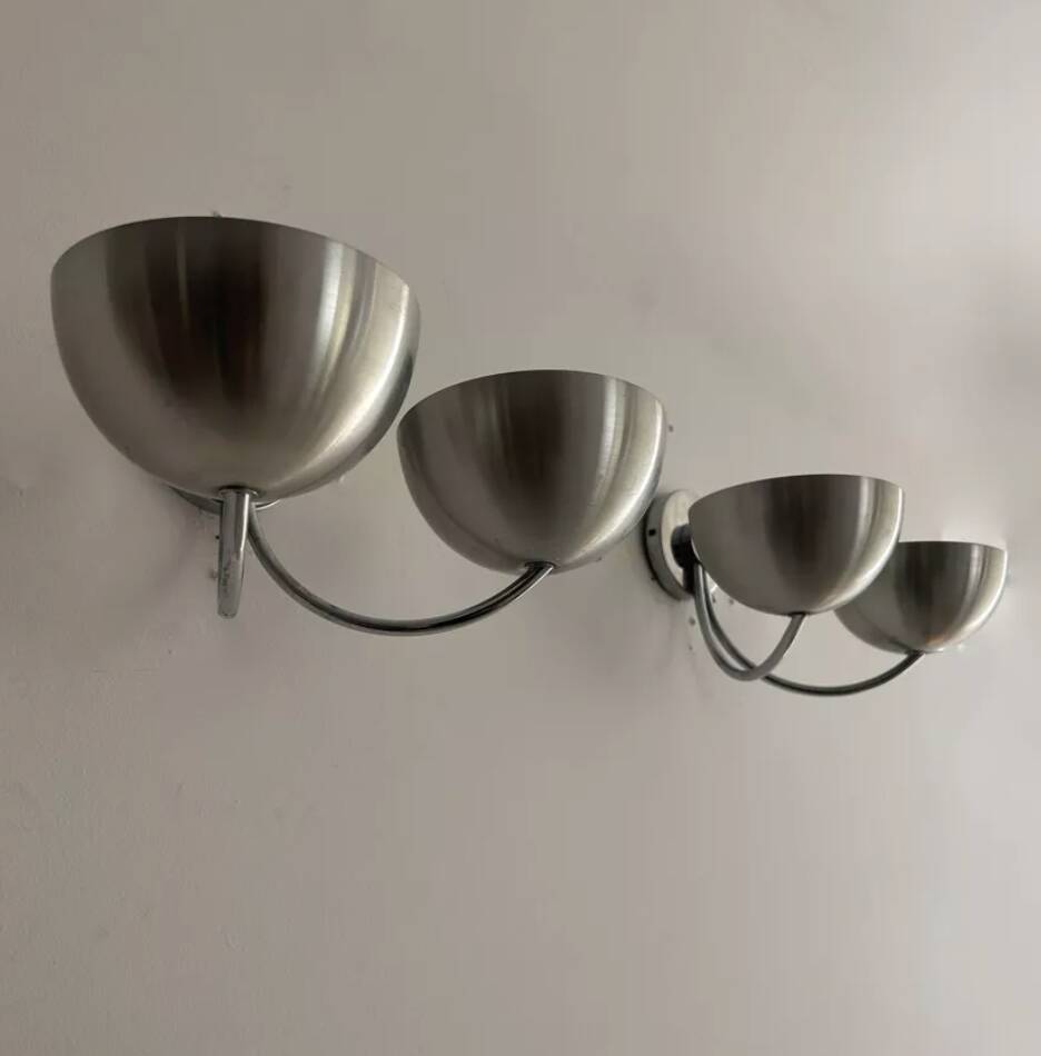 Pair of vintage double wall lights, brushed aluminum and chrome, France 1970