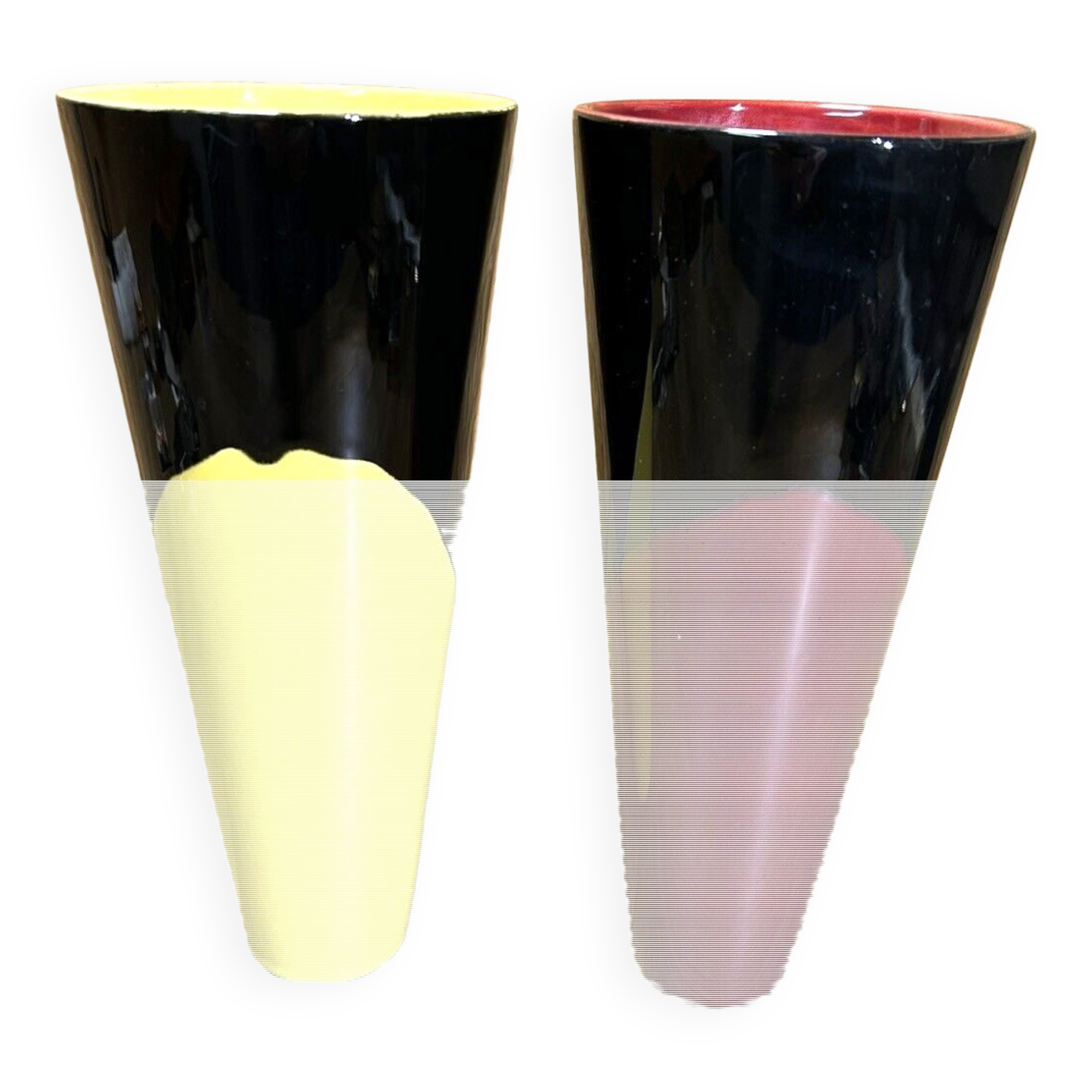 Pair of vases 70s, vintage black, yellow, red, deco pop, space age
