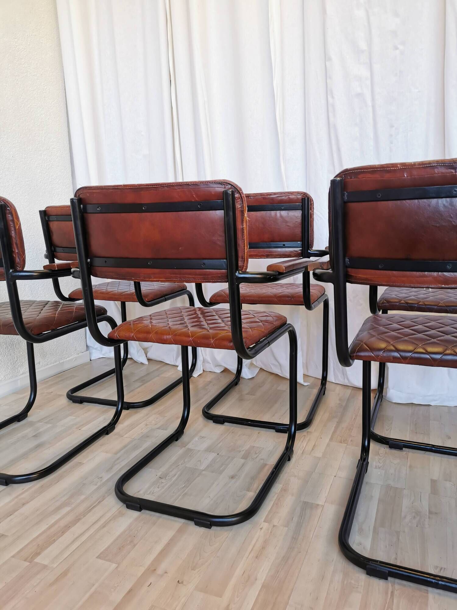Set of 6 Vintage Cognac Leather Dining Chairs: Quilted Industrial Armchair
