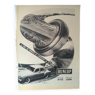 Une publicité papier course voiture pneu Dunlop issue d'une revue d'époque