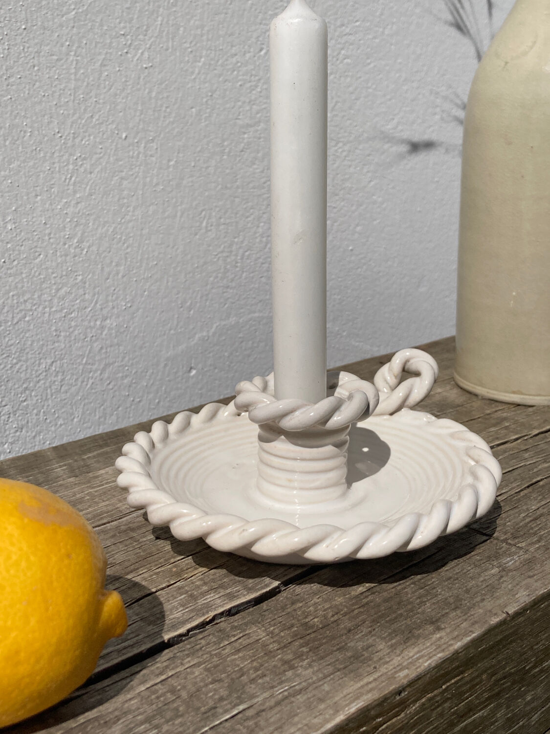 White ceramic candle holder twisted antique rope
