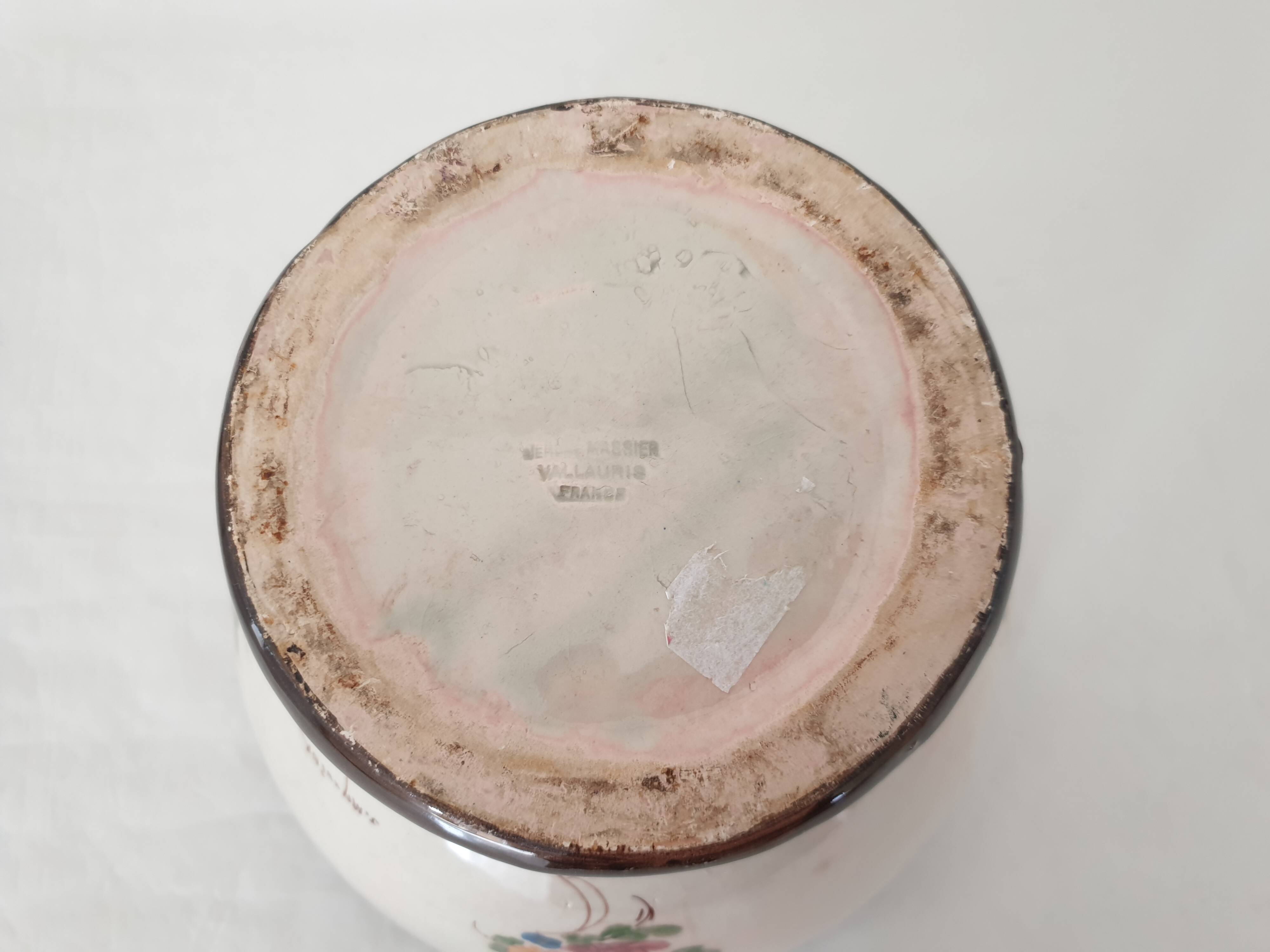 Large ceramic flowerpot with painted flower decoration Signed Massier Vallauris