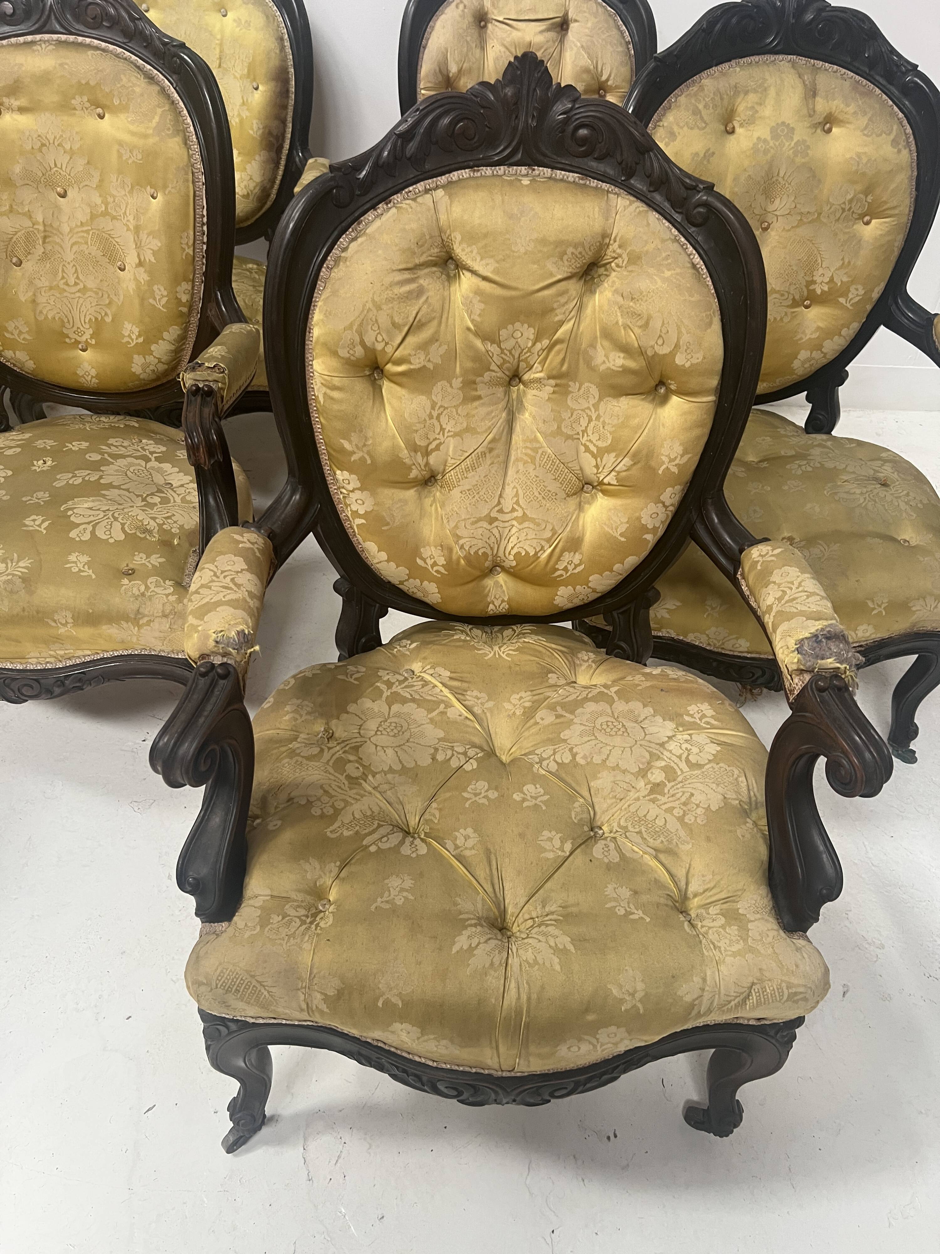 Set of eight Napoleon III style Louis XV armchairs in rosewood, 20th century.