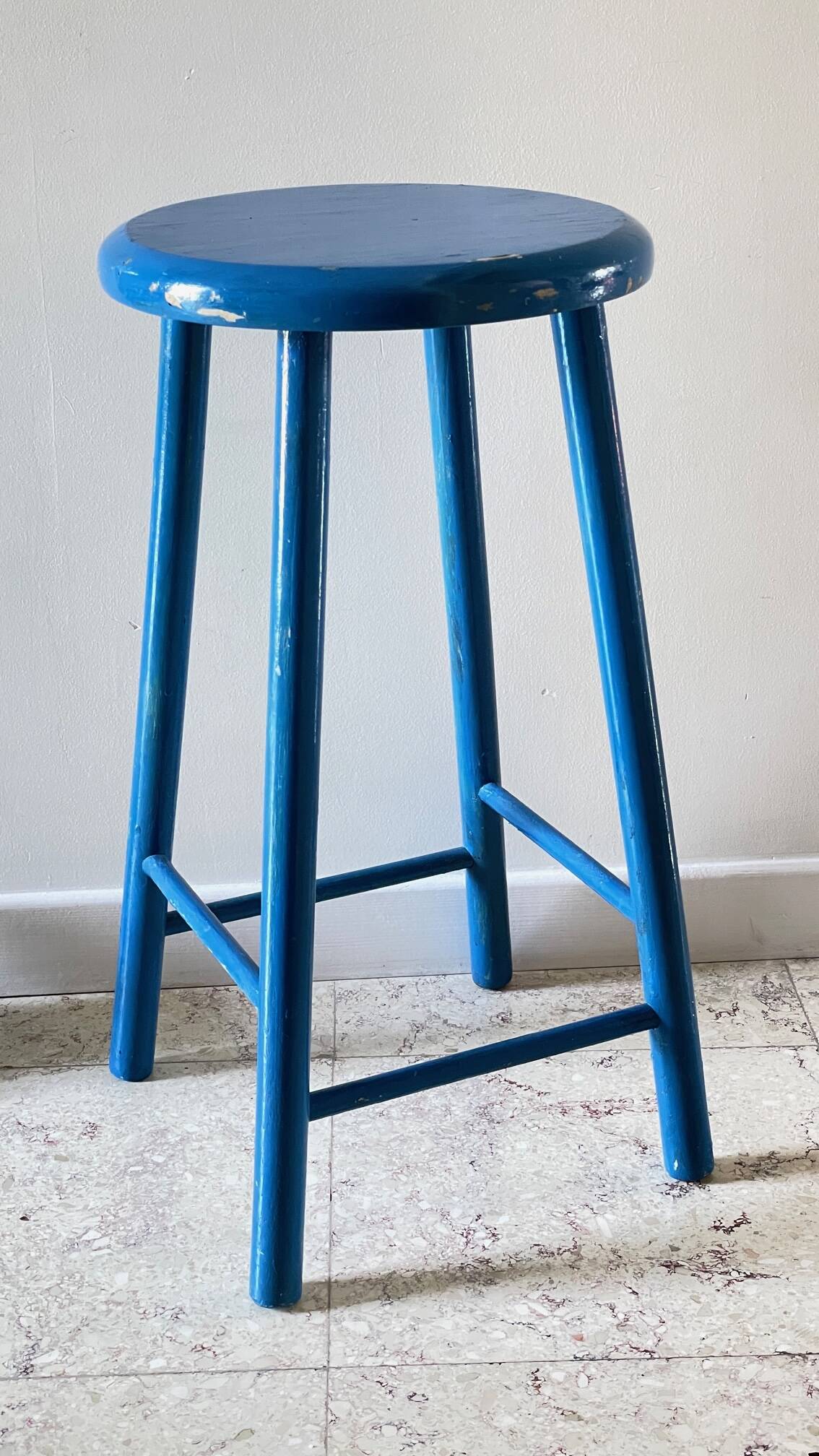 Vintage stool electric blue wood