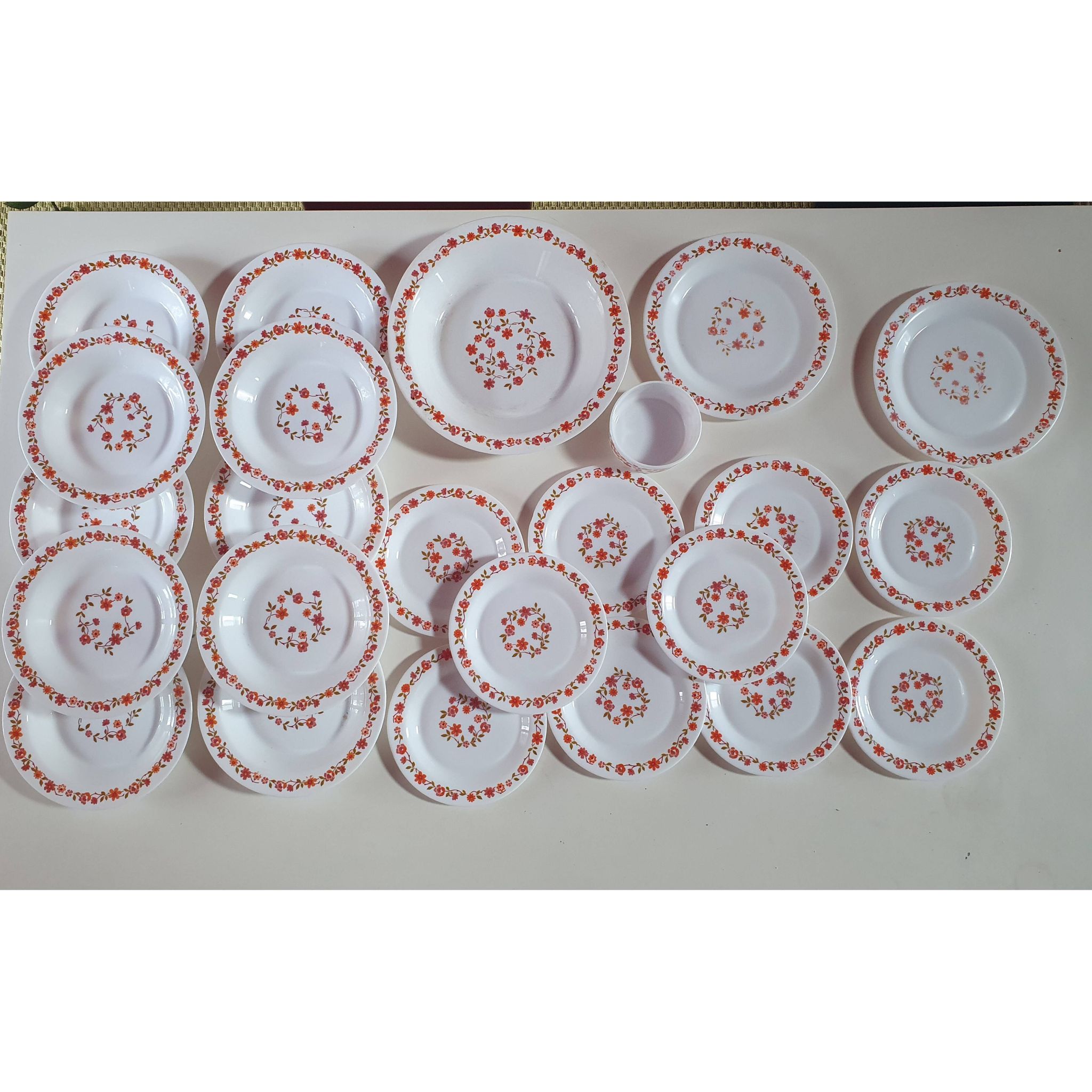 lot of arcopal scania dishes with small orange flowers flat plate, hollow dessert dish, one dish..