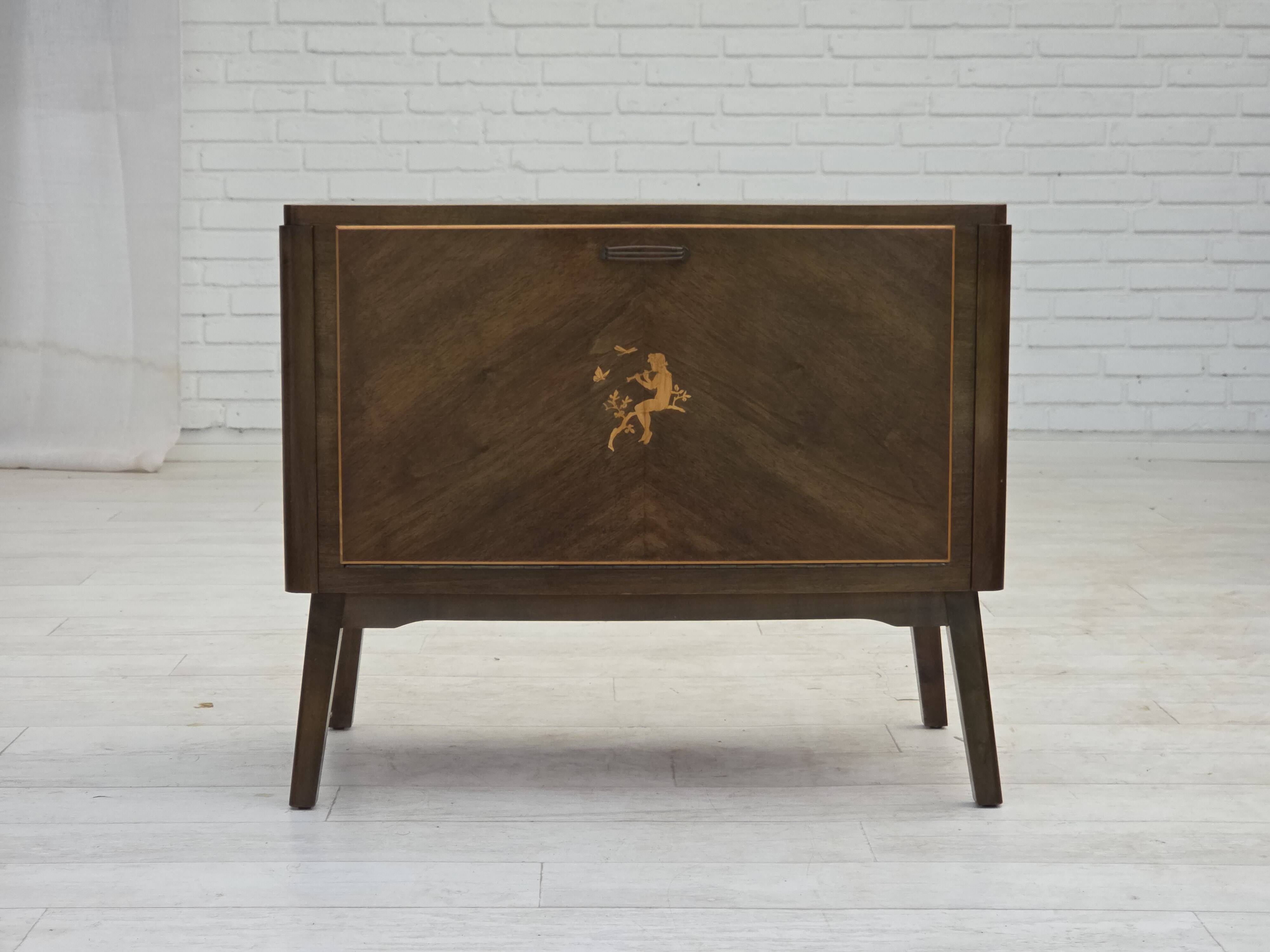1960s, Danish radio/TV commode, laqered ash wood, wood marquetry door.