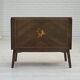 Années 1960, commode radio/TV danoise, bois de frêne laqué, porte en marqueterie de bois.