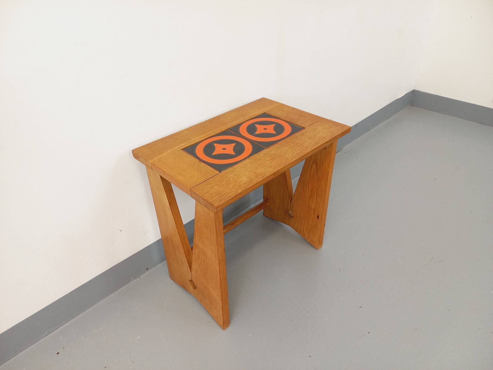 Vintage Guillerme and Chambron coffee and side table in solid oak and ceramic from the 50s and 60s