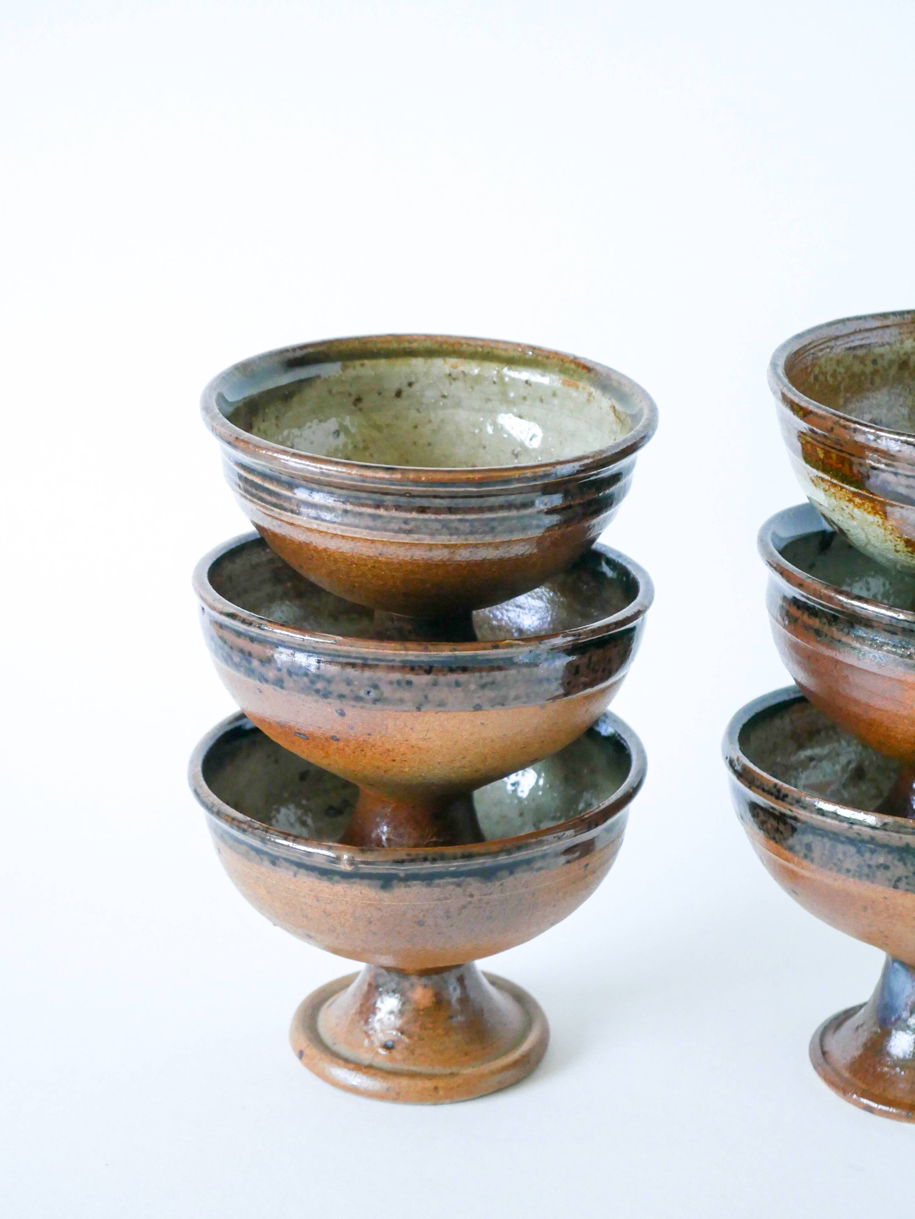 Set of 6 glazed stoneware bowls, handcrafted, 1970
