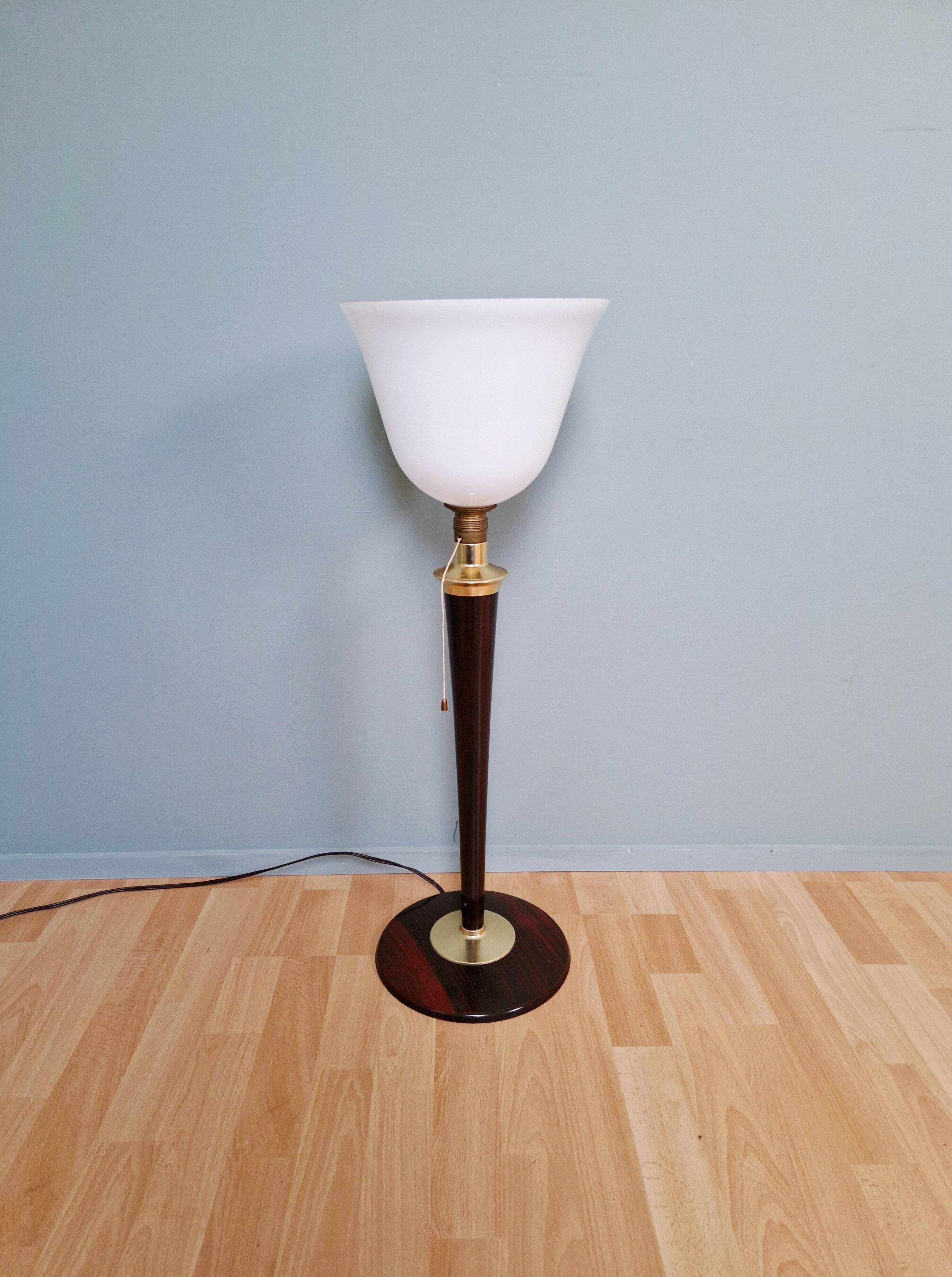 Large Art Deco Mazda lamp in wood, brass, and white opaline, 1930.