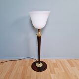 Large Art Deco Mazda lamp in wood, brass, and white opaline, 1930.