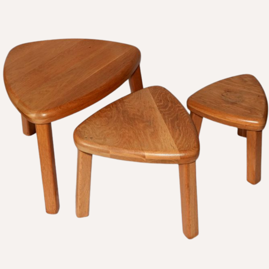 Brutalist oak organic curved oval side or nesting tables, Dutch ca 1960