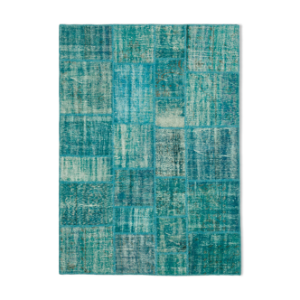 Handwoven Anatolian Contemporary 174 cm x 240 cm Turquoise Patchwork Carpet