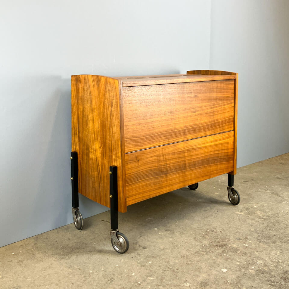 Rolling bar cabinet with interior mirrors, walnut, 60s, vintage