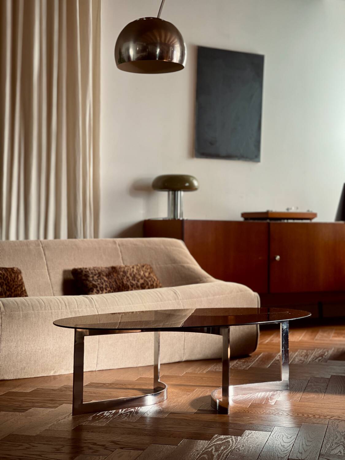 Paul Legeard coffee table with smoked glass and vintage chrome from the 1970s.