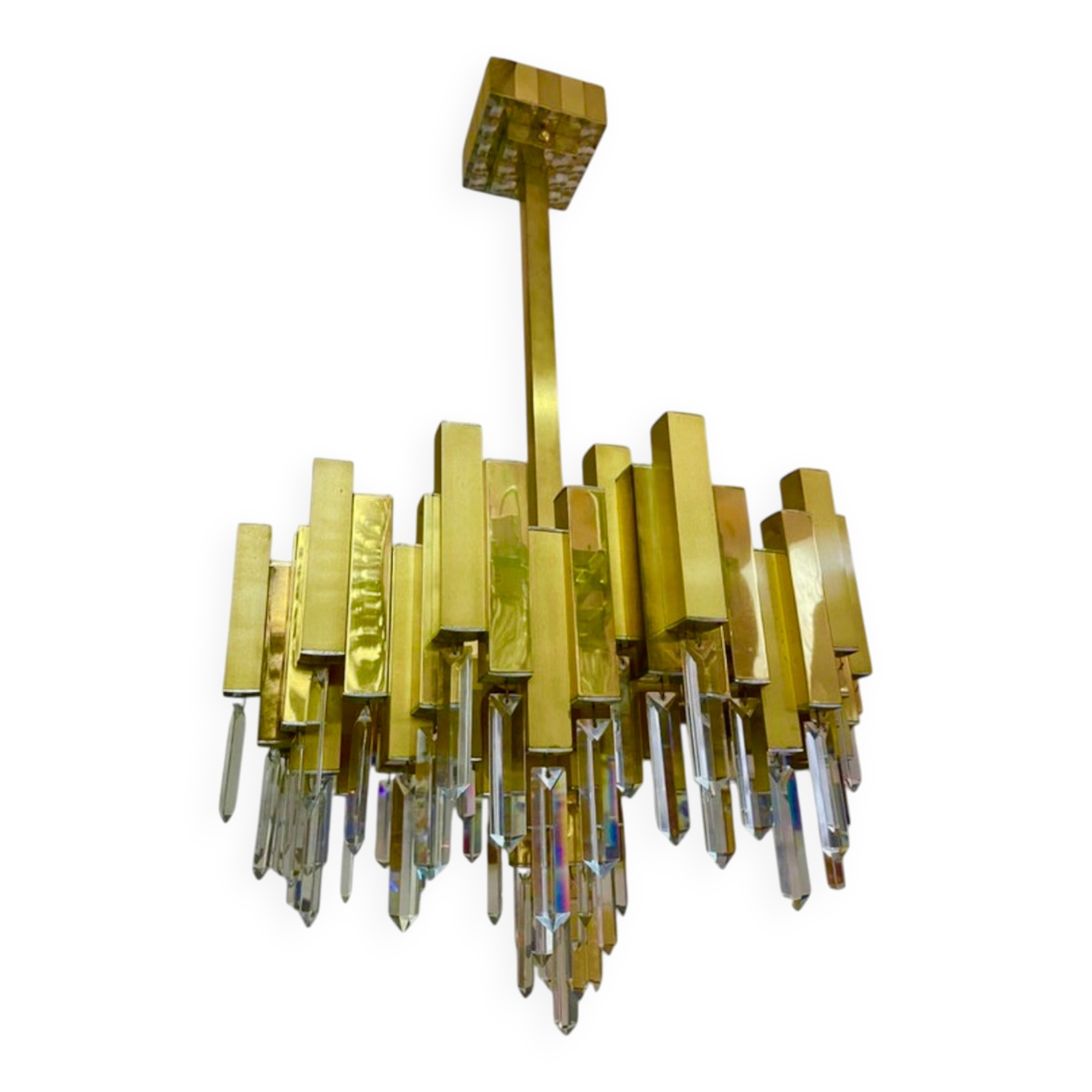 Rare 1970s Lumica chandelier in brass and crystal.