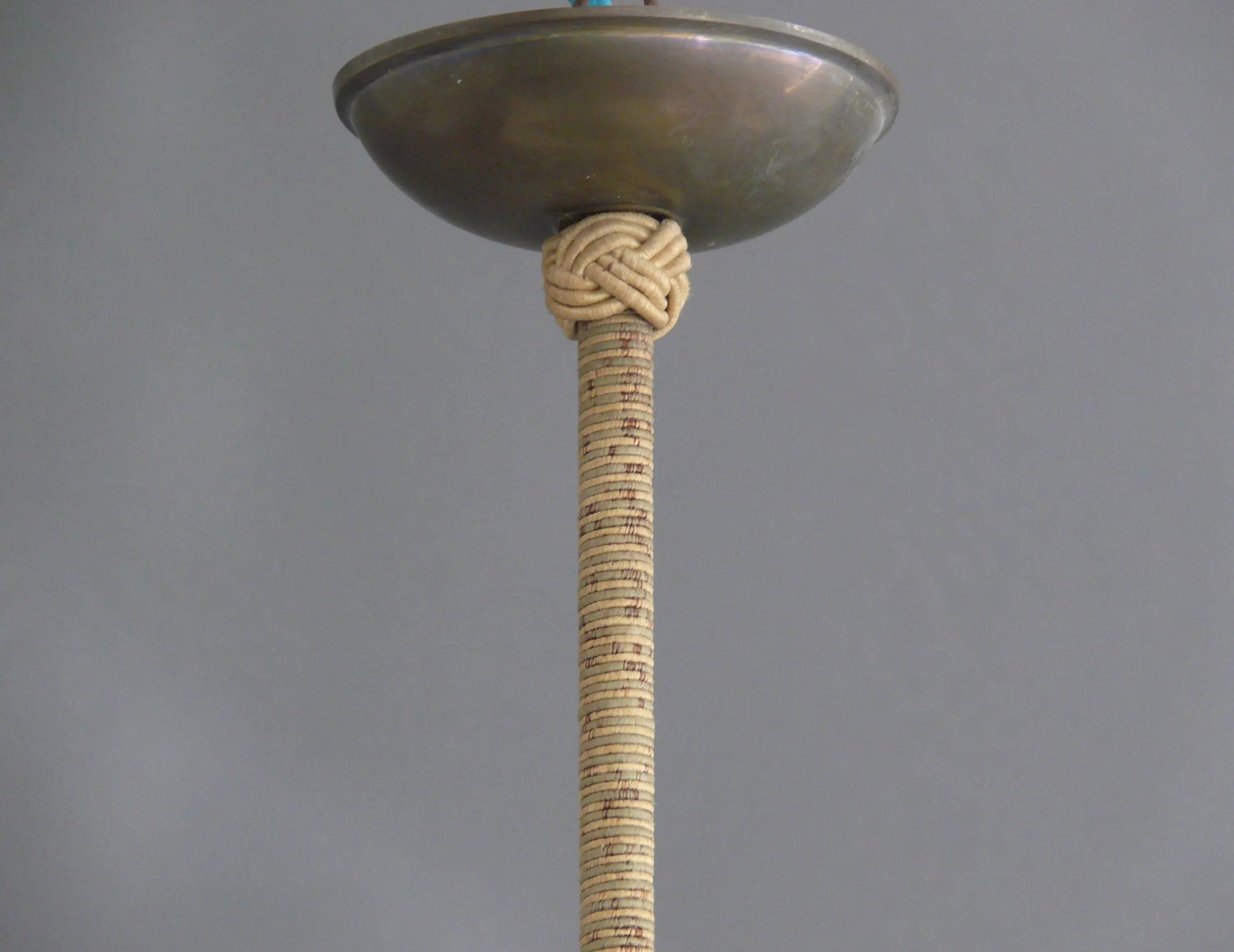 Art Deco Pendant Light with Twisted Stem, Marbled Effect, Metal and Brass - 1930s