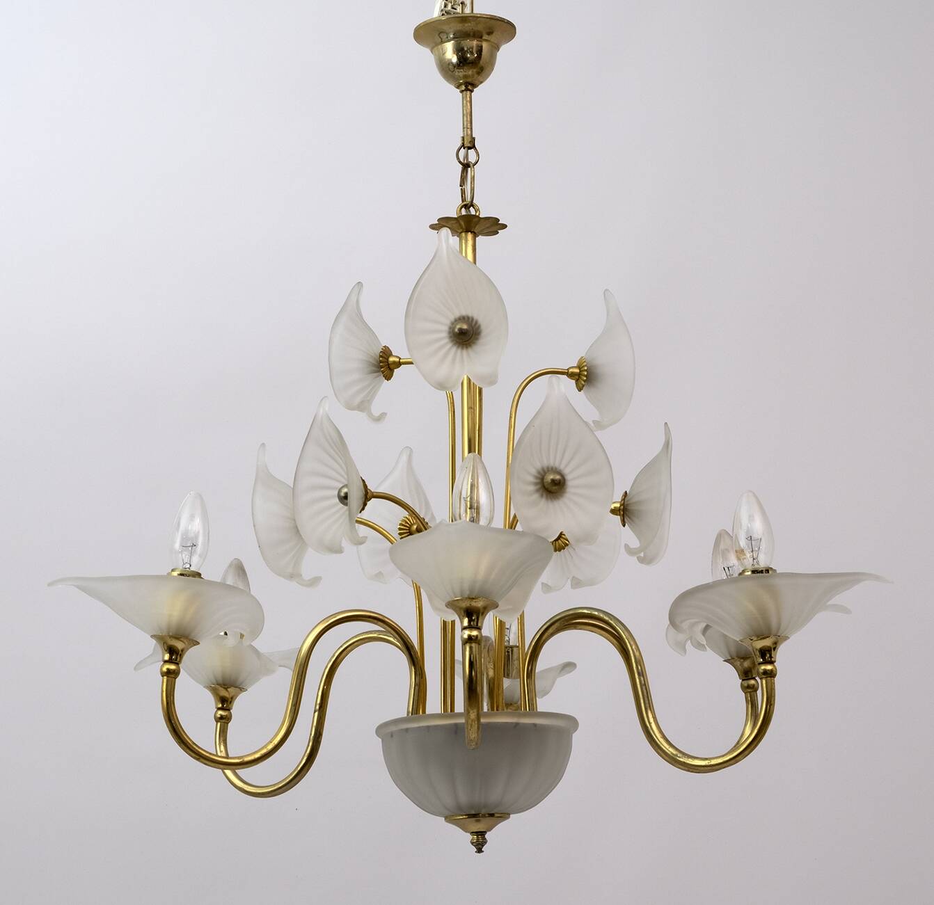 Mid-Century Modern Italian Murano Lattimo and Brass Chandelier, 1970s