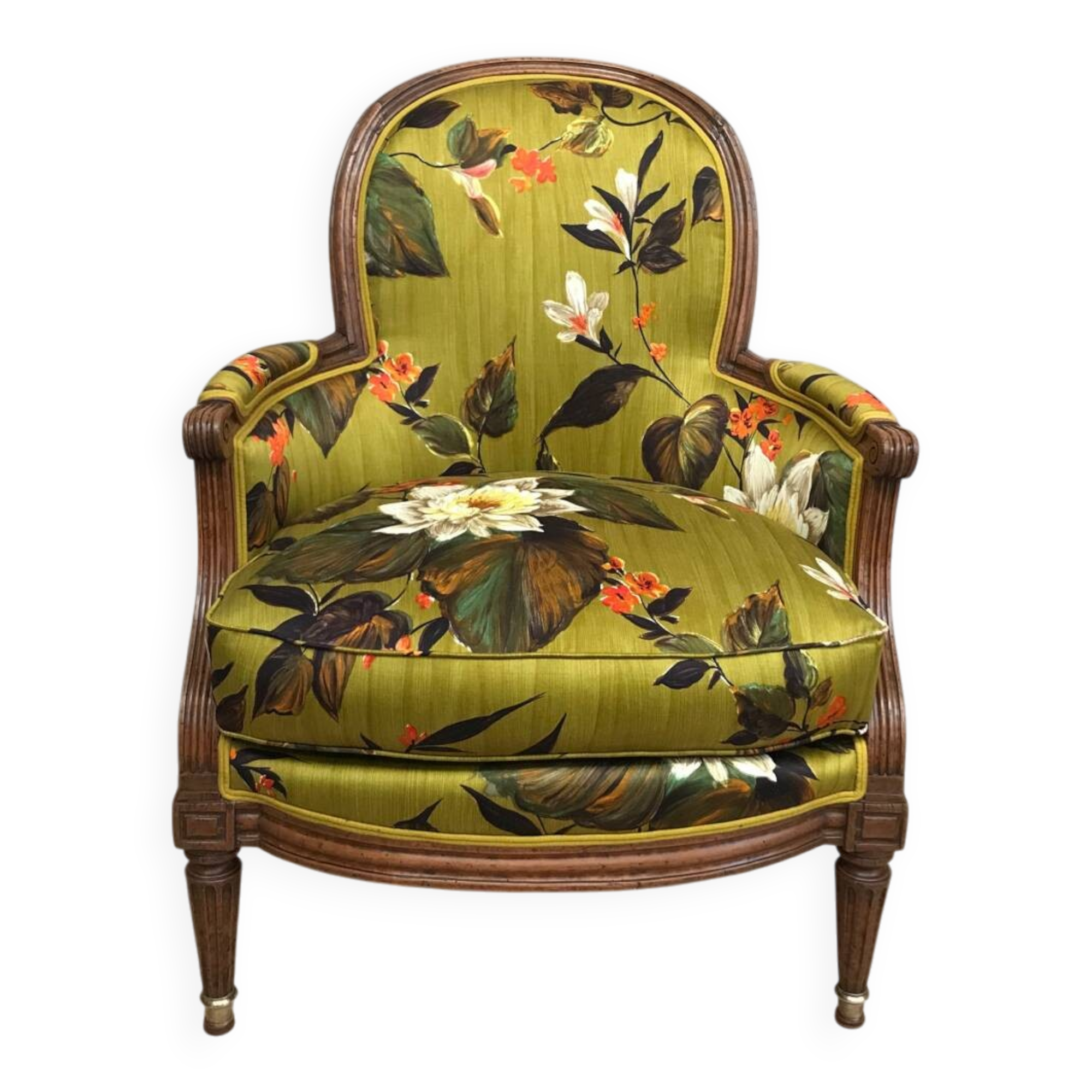 Fauteuil Bergère à coussin de style louis XVI retravaillee